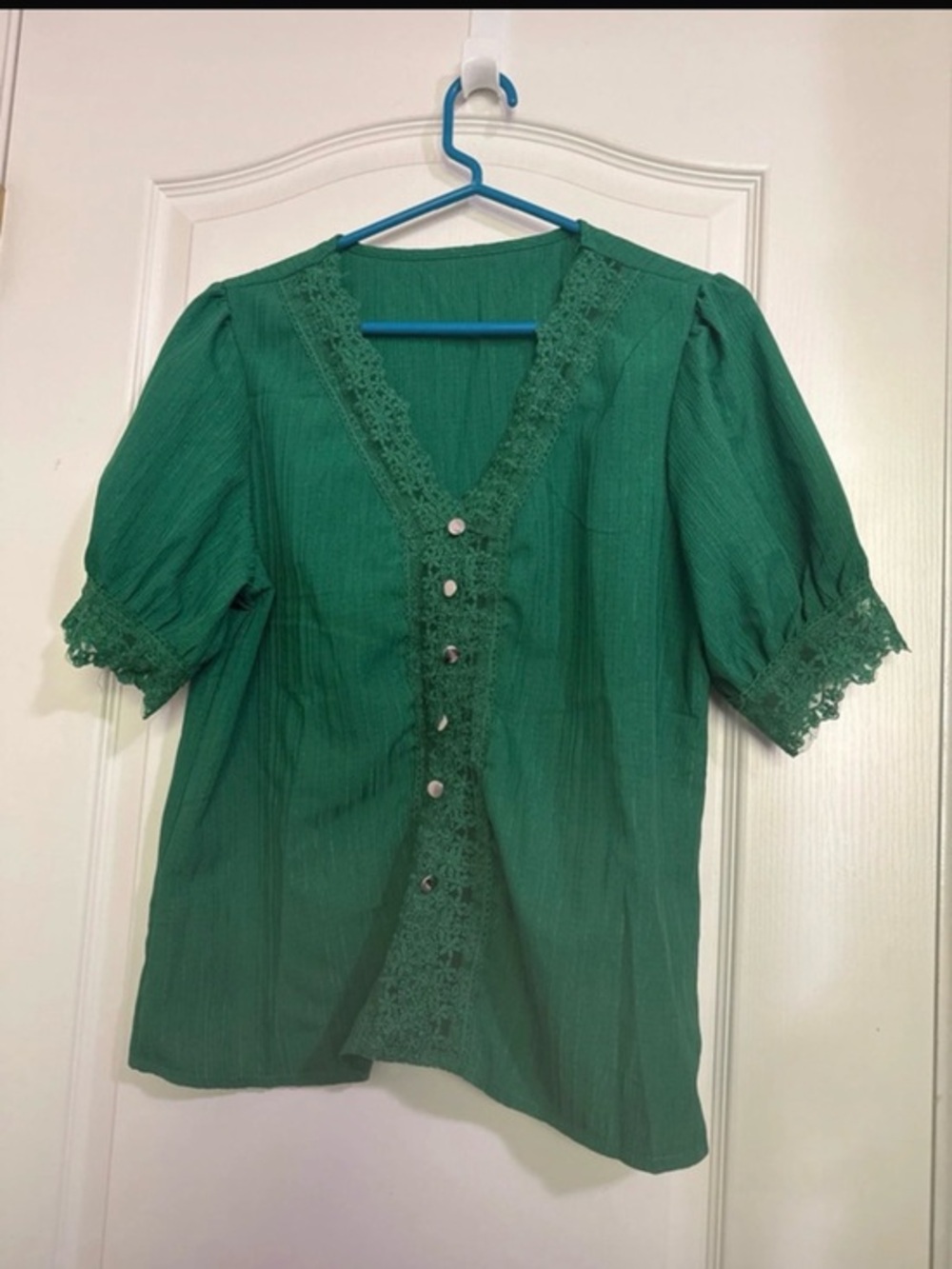 Green Lace-Trim Button Front Women's Top